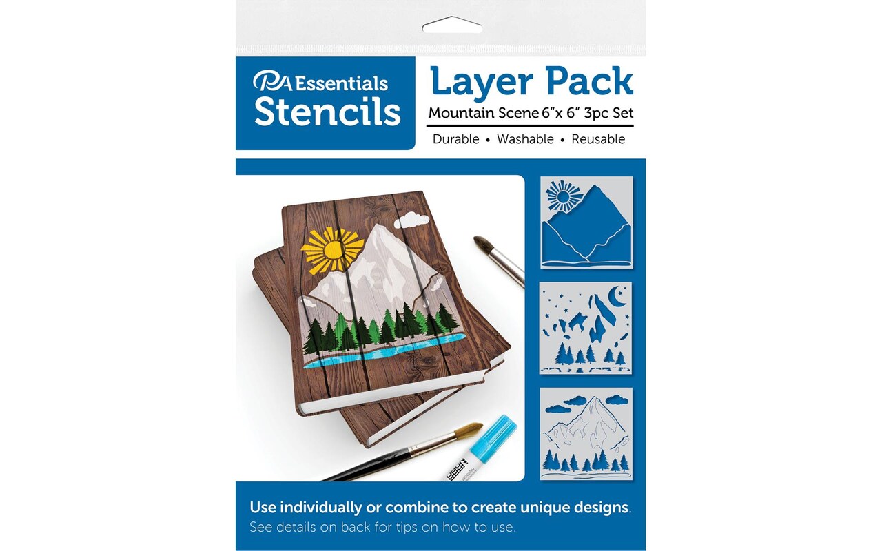 PA Essentials Stencil Layer Pack Mountain Scene, 3 piece, for Painting on Wood, Canvas, Paper, Fabric, Wall and Tile, Reusable DIY Art and Craft Stencils for Painting, 6"x6" Inches